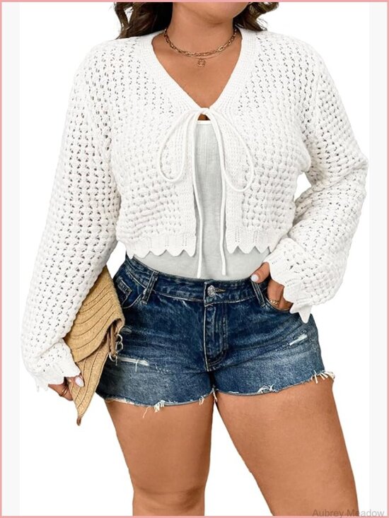 Sweaters - Plus Size Tie Front Cardigan Hollow Out Bell Long Sleeve Crop Knit Top Shrug